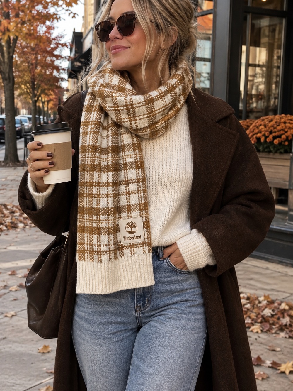Timberland Cream Brown Plaid Knit Scarf OS